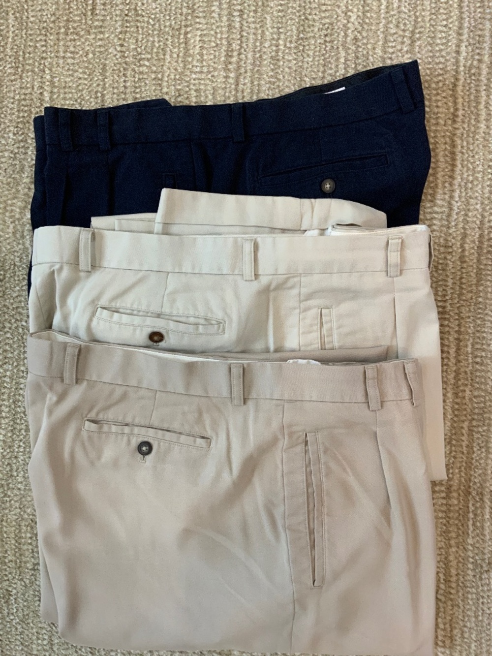 Men’s Cutter and Buck pleated dress pants 42x34 navy, light tan, khaki